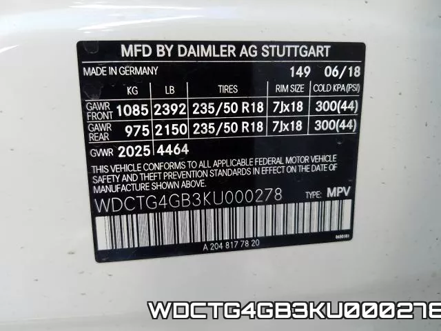 WDCTG4GB3KU000278 2019 Mercedes-Benz GLA-Class,  250 4Matic