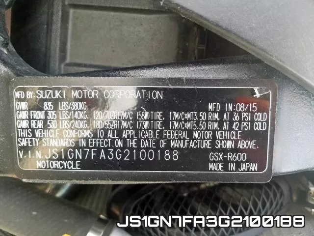 JS1GN7FA3G2100188 2016 Suzuki GSX-R600