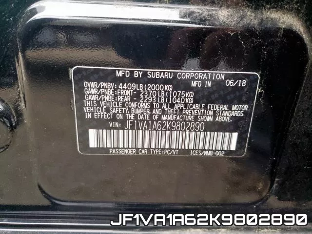 JF1VA1A62K9802890 2019 Subaru WRX