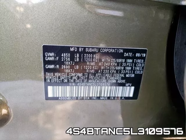 4S4BTANC5L3109576 2020 Subaru Outback, Limited