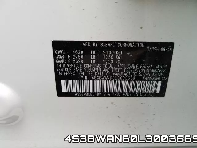 4S3BWAN60L3003669 2020 Subaru Legacy, Limited