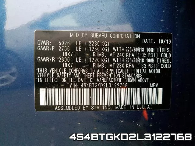 4S4BTGKD2L3122768 2020 Subaru Outback, Onyx Edition Xt
