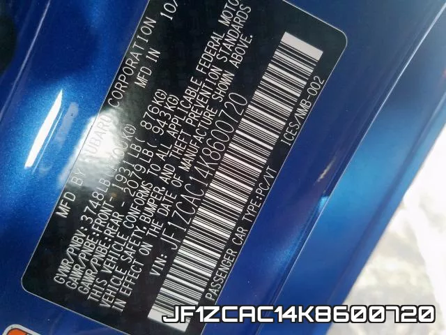 JF1ZCAC14K8600720 2019 Subaru BRZ, Limited