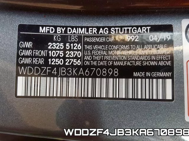 WDDZF4JB3KA670898 2019 Mercedes-Benz E-Class,  300