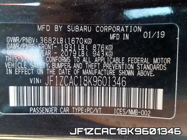 JF1ZCAC18K9601346 2019 Subaru BRZ, Limited