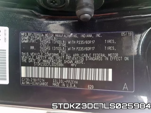 5TDKZ3DC7LS025984 2020 Toyota Sienna, LE