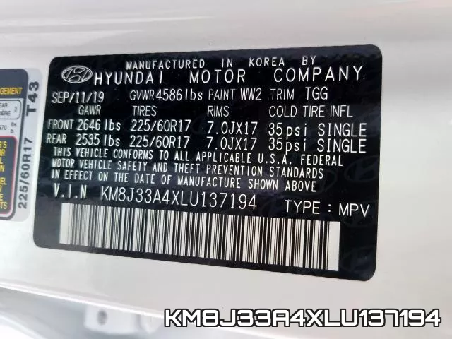 KM8J33A4XLU137194 2020 Hyundai Tucson, Limited