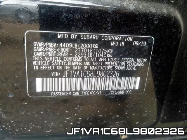JF1VA1C68L9802326 2020 Subaru WRX, Premium