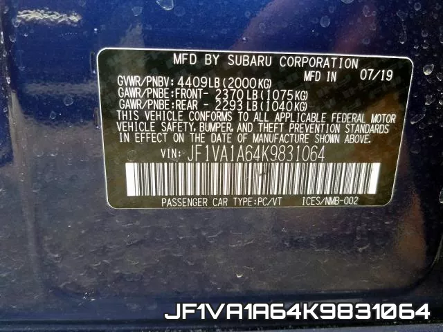 JF1VA1A64K9831064 2019 Subaru WRX