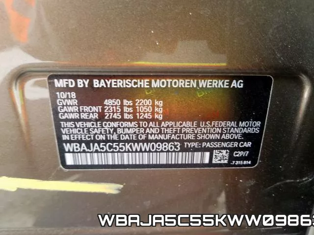 WBAJA5C55KWW09863 2019 BMW 5 Series, 530 I