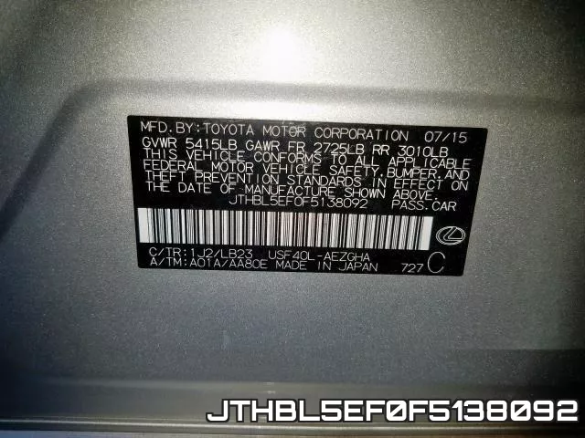 JTHBL5EF0F5138092 2015 Lexus LS, 460