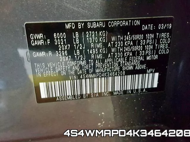 4S4WMAPD4K3464208 2019 Subaru Ascent, Limited