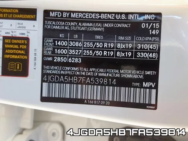 4JGDA5HB7FA539814 2015 Mercedes-Benz ML-Class,  350 4Matic