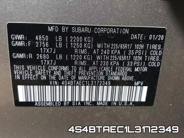 4S4BTAEC1L3172349 2020 Subaru Outback, Premium