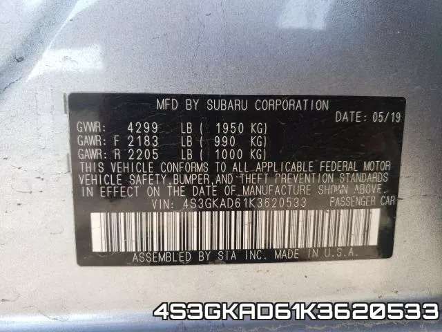 4S3GKAD61K3620533 2019 Subaru Impreza, Premium