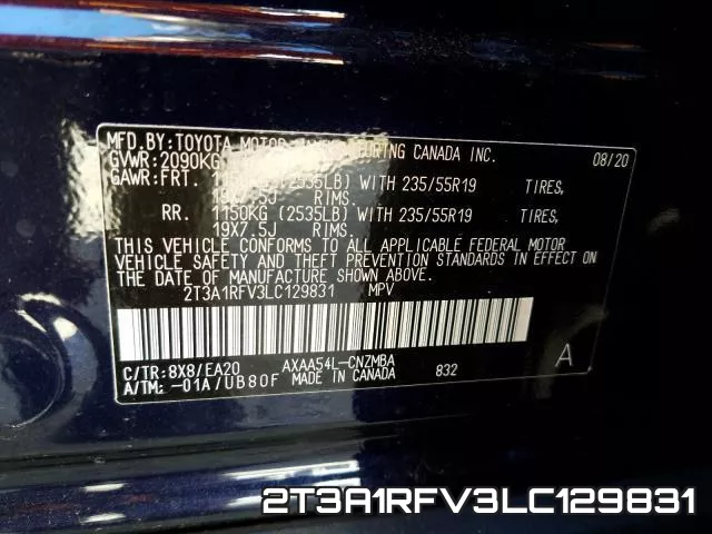 2T3A1RFV3LC129831 2020 Toyota RAV4, Xle Premium