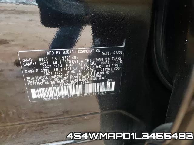 4S4WMAPD1L3455483 2020 Subaru Ascent, Limited