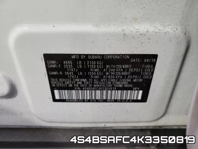 4S4BSAFC4K3350819 2019 Subaru Outback, 2.5I Premium