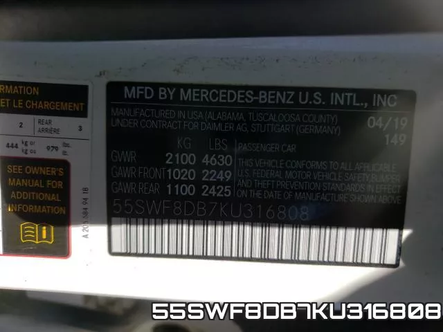 55SWF8DB7KU316808 2019 Mercedes-Benz C-Class,  300